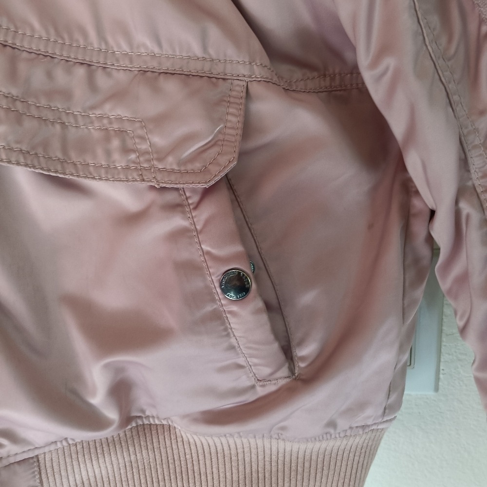 American Eagle Bomber Jacket Womens Large Pink Sherpa Lined Hooded Utility Coat - Picture 9 of 10